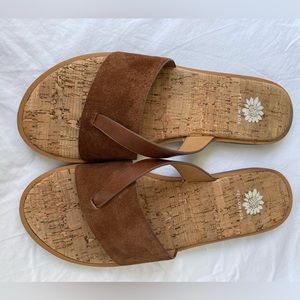 Women’s Yellow Box size 8 Faux Suede slides / flip flops